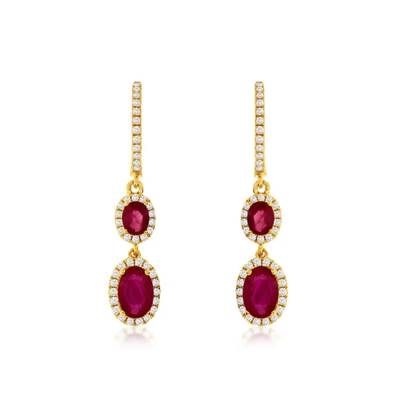 14K Yellow Gold Ruby and Diamond Double Drop Earrings