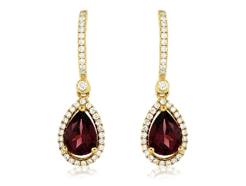 14K Yellow Gold Rhodolite and Diamond Teardrop Leverback Earrings