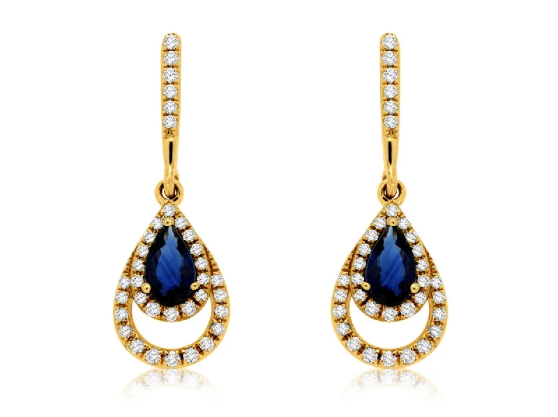 14K Yellow Gold Sapphire and Diamond Dangle Earrings