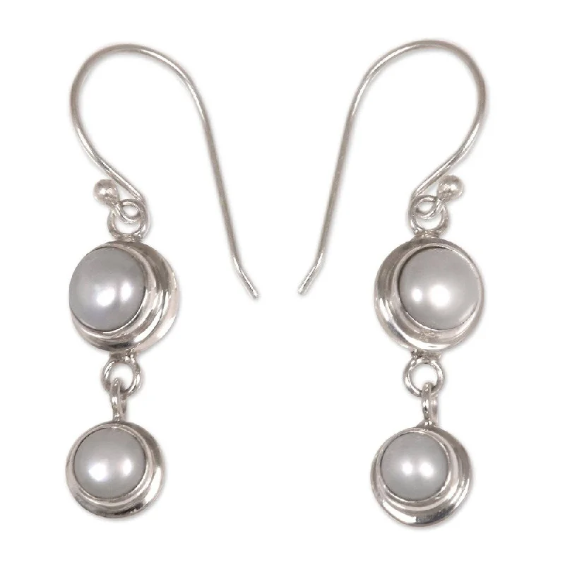 Handmade Two Full Moons Freshwater Pearls Bridal Dangle Earrings (Bali)