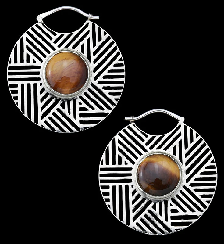 Haphazard Tigers Eye Stone White Brass Ear Weights