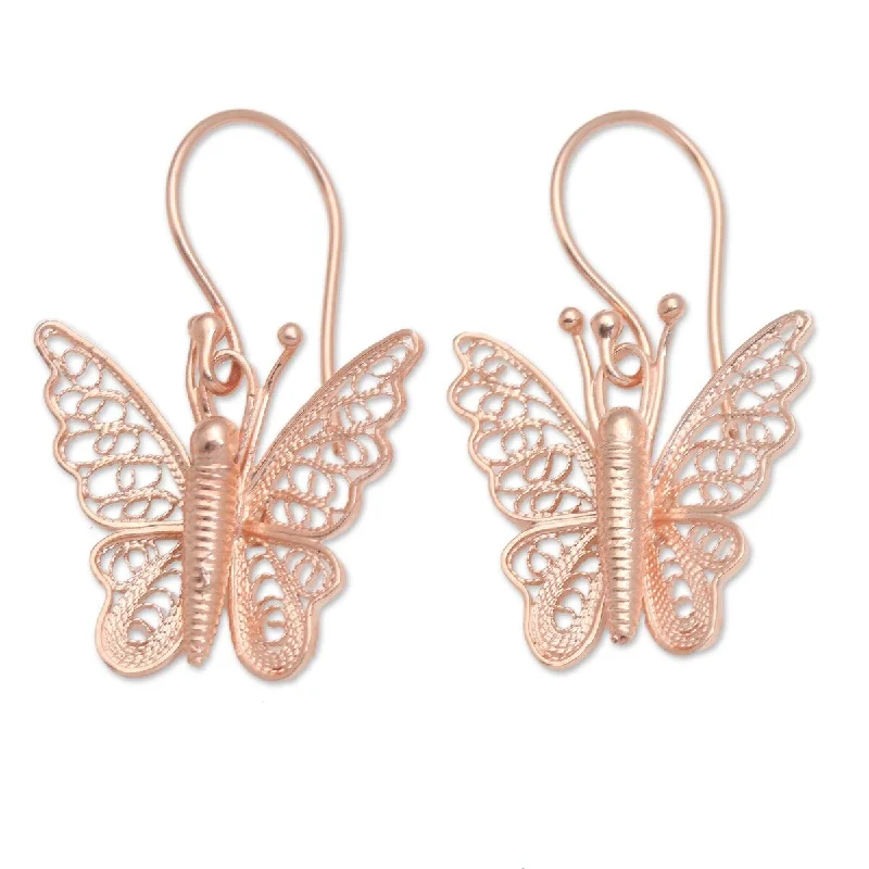 NOVICA Spirited Butterfly, Rose gold plated filigree dangle earrings - 1.2*0.7