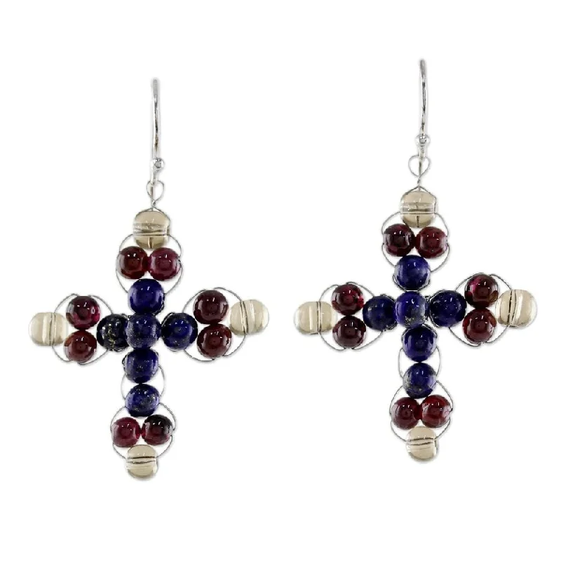 NOVICA Sterling Silver 'Cross of Hope' Lapis Lazuli Garnet Earrings - Red - 1.8*1.1