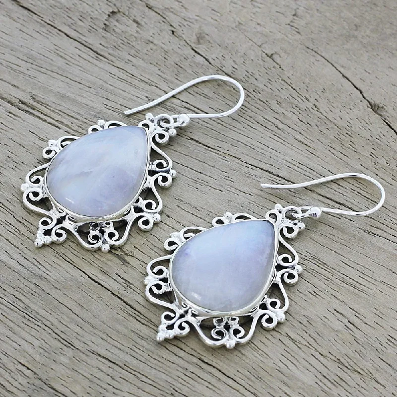 Rainbow Moonstone Dangle Earrings, 'Spiral Drops' (India) - 1.9*0.9